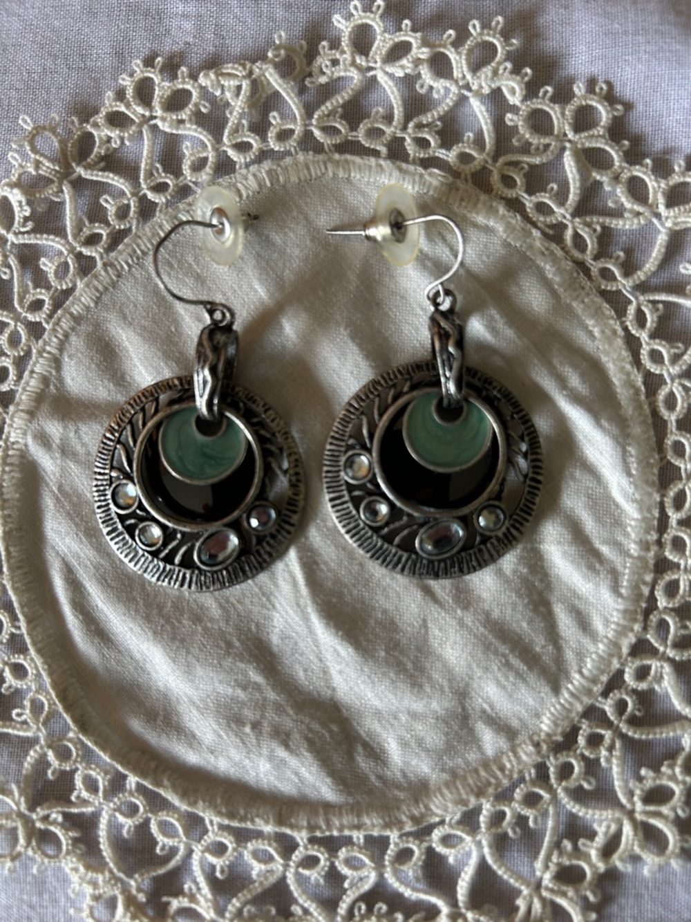 Green and Silver Boho Disc Drop Earrings